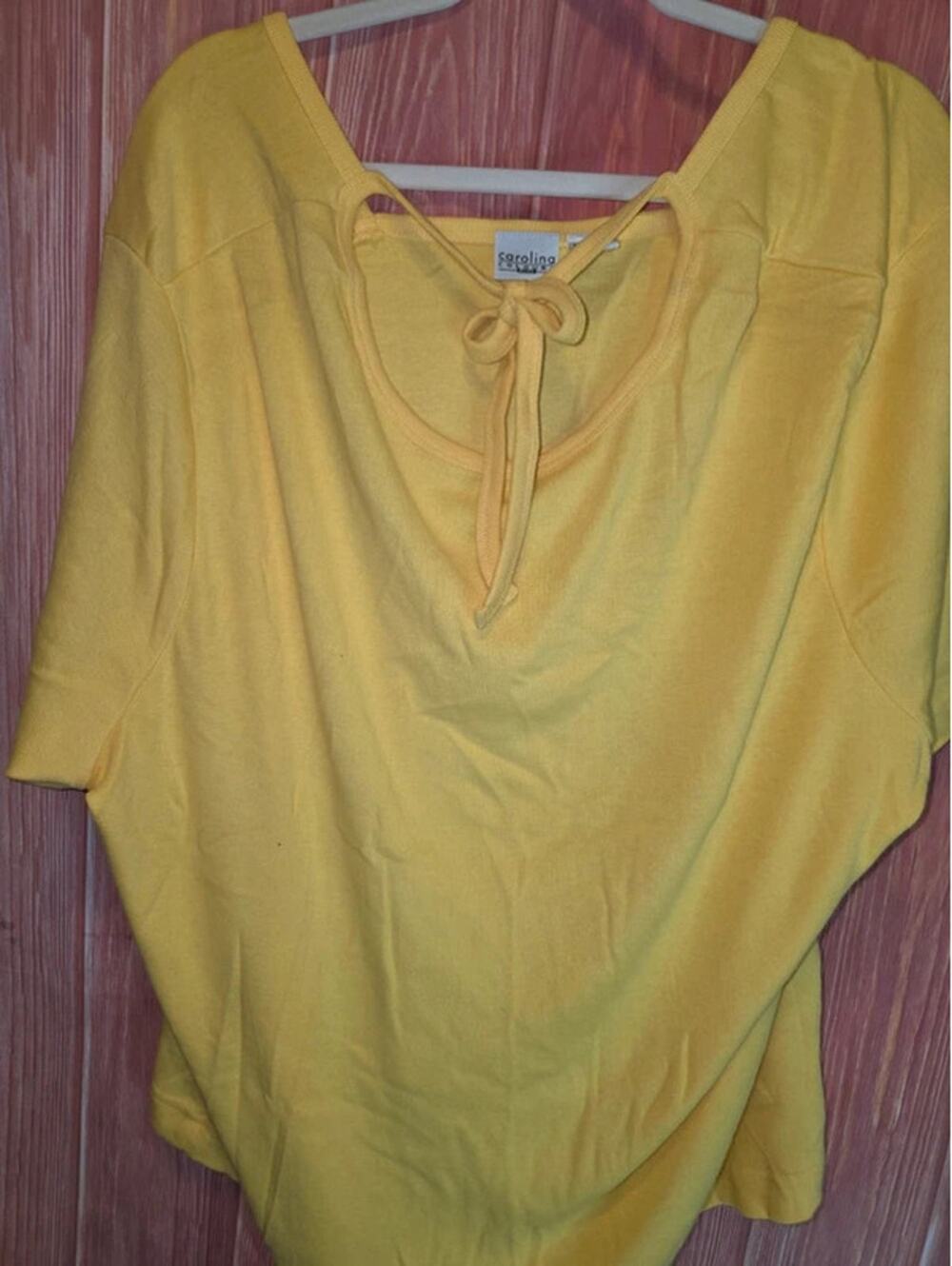 Extra Touch Bright Yellow Satin Trim Ribbon Tie Scoop Neck Top 3X Plus